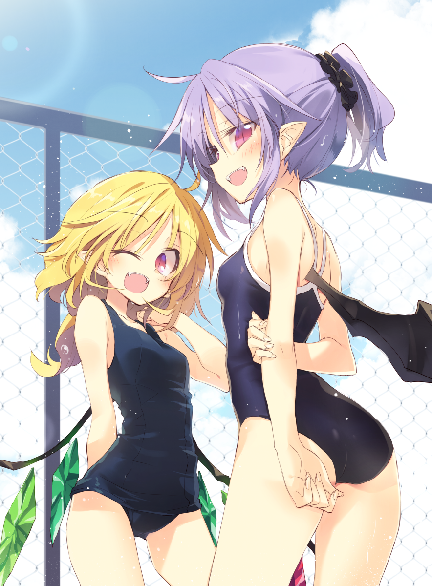 2girls :d ;d ahoge alternate_hairstyle arm_behind_back ass bangs bare_arms bare_shoulders bat_wings black_scrunchie blonde_hair blue_sky blue_swimsuit blush breasts chain-link_fence clouds cowboy_shot crystal day eyebrows_visible_through_hair fangs fence flandre_scarlet hair_between_eyes hair_ornament hair_scrunchie hand_up highres lavender_hair lens_flare long_hair looking_at_viewer multiple_girls no_hat no_headwear one-piece_swimsuit one_eye_closed open_mouth outdoors pointy_ears ponytail red_eyes remilia_scarlet satou_kibi scrunchie short_hair short_ponytail siblings sidelocks sisters sky small_breasts smile standing swimsuit thighs touhou wings