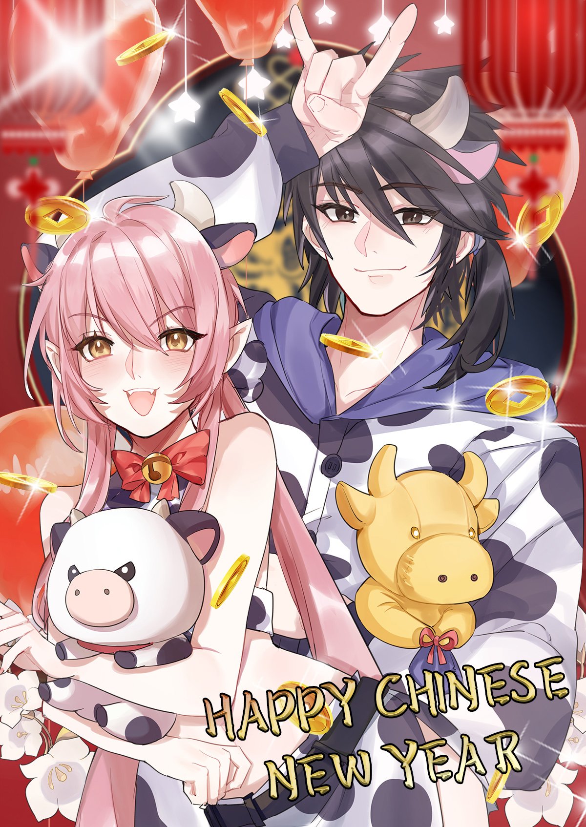 1boy 1girl chinese_clothes chinese_new_year couple hero_return open_mouth smile