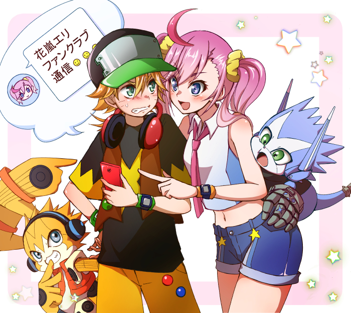 1girl 3boys :d ahoge appmon asuka_torajirou bangs bare_shoulders black_headwear black_shirt blonde_hair blue_eyes blue_shorts blush border breasts brown_vest cellphone clenched_teeth collared_shirt commentary_request cowboy_shot digimon digimon_universe:_appli_monsters dokamon eyebrows_visible_through_hair hair_between_eyes hair_ornament hair_scrunchie hand_on_hip hat headphones headphones_around_neck holding holding_phone karan_eri kon'no_haruka long_hair looking_at_another midriff multicolored_hair multiple_boys musimon navel necktie open_clothes open_mouth open_vest phone pink_border pink_hair pink_neckwear pointing purple_hair scrunchie shirt short_shorts short_sleeves shorts sidelocks simple_background sleeveless sleeveless_shirt smartphone smile standing starry_background sweatdrop teeth translation_request twintails vest watch whisker_markings white_background white_shirt yellow_scrunchie yellow_shorts