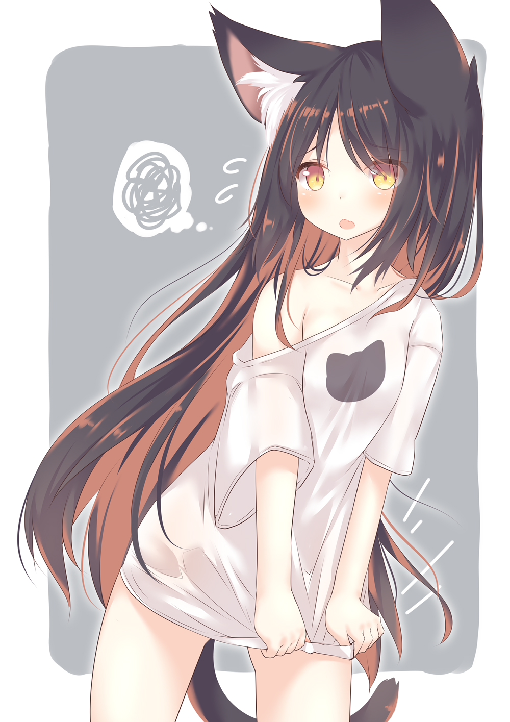 1girl animal_ear_fluff animal_ears animal_print black_hair blush breasts brown_eyes brown_hair cat_ears cat_girl cat_print cat_tail collarbone commentary_request daidai_ookami flying_sweatdrops grey_background highres long_hair multicolored_hair off_shoulder original print_shirt shirt shirt_tug small_breasts solo spoken_squiggle squiggle streaked_hair tail two-tone_background very_long_hair white_background white_shirt yellow_eyes