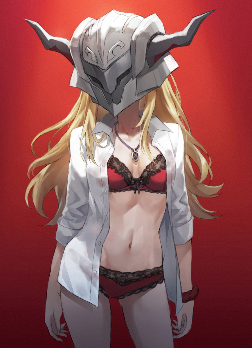 1girl blonde_hair bra breasts collared_shirt dress_shirt fate/apocrypha fate_(series) helmet highres jewelry long_hair long_sleeves mordred_(fate) mordred_(fate)_(all) navel necklace open_clothes open_shirt panties pendant red_background red_bra red_panties shirt small_breasts tonee underwear white_shirt