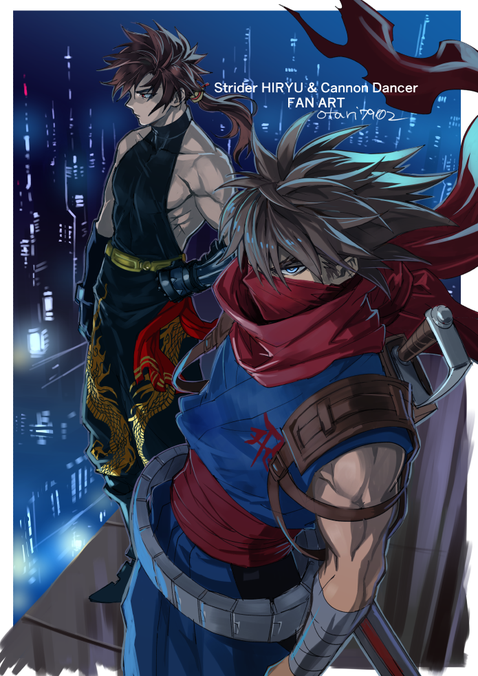 2boys arm_guards bandaged_arm bandages blue_eyes border brown_hair cannon_dancer commentary_request copyright_name covered_mouth creator_connection crossover dragon_print hand_on_hip indesign kirin_(cannon_dancer) long_hair male_focus multiple_boys muscle ninja ponytail red_eyes red_scarf sash scarf serious spiky_hair standing strider_(video_game) strider_hiryuu white_border