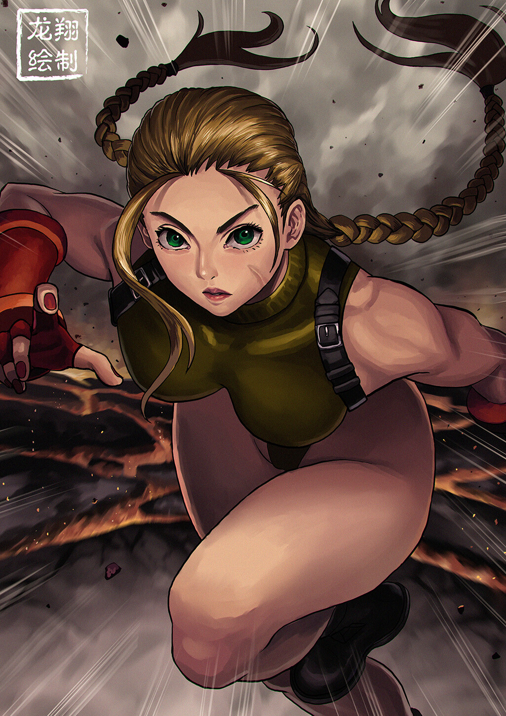 1girl ahoge bare_legs blonde_hair boots braid breasts cammy_white facial_scar gauntlets harness highres large_breasts leotard lipstick makeup muscle muscular_female nail_polish no_headwear running running_towards_viewer ryu_shou scar scar_on_cheek shade street_fighter thighs twin_braids