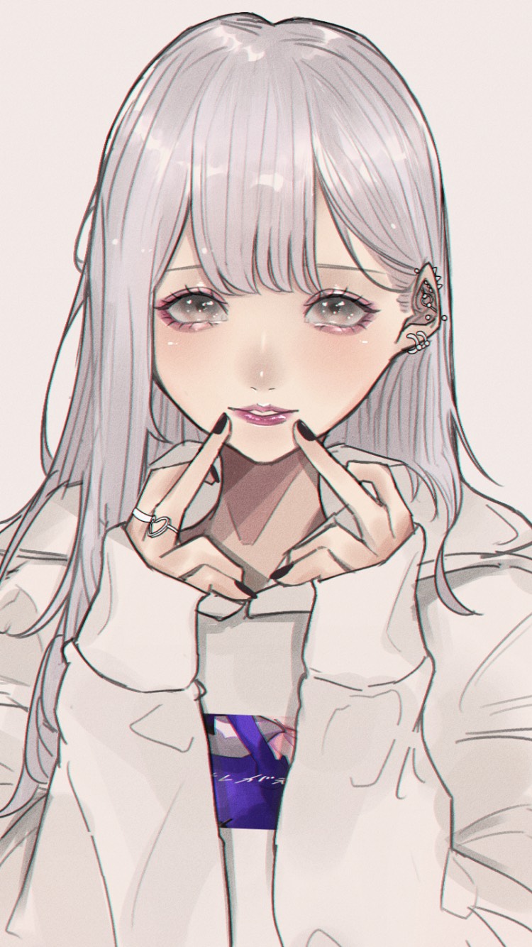 1girl bangs black_nails close-up earrings highres jewelry light_smile looking_at_viewer mano_aaa middle_finger nail_polish original piercing solo white_eyes white_hair white_hoodie