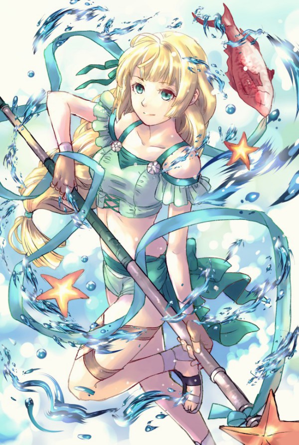 1girl blonde_hair brown_gloves closed_mouth fingerless_gloves fire_emblem fire_emblem:_three_houses fire_emblem_heroes fish gloves green_eyes holding ingrid_brandl_galatea long_hair polearm solo starfish swimsuit usachu_now weapon