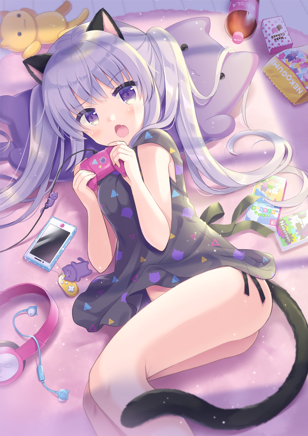 1girl animal_ears ass bag bare_arms black_dress black_panties blush bottomless breasts cat_ears cat_girl cat_tail cellphone cellphone_charm commentary_request controller dress fang feet_out_of_frame game_controller hands_up headphones headphones_removed highres holding hoshimame_mana long_hair looking_at_viewer medium_breasts open_mouth original panties phone purple_hair side-tie_panties sleeveless sleeveless_dress soda_bottle stuffed_animal stuffed_cat stuffed_toy tail twintails underwear very_long_hair violet_eyes