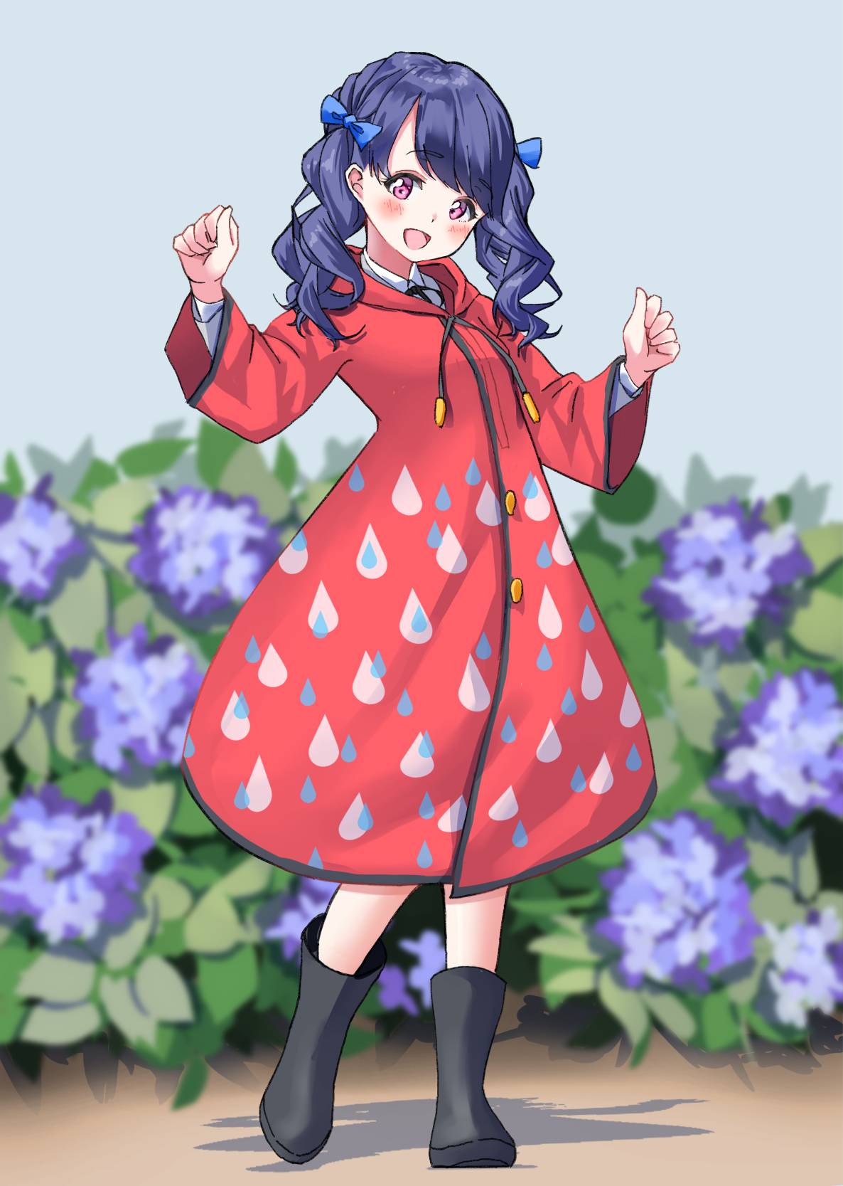 1girl bangs blue_hair blurry blurry_background blush boots clenched_hands coat collared_shirt darumaya_(azarasidesuyone) eyebrows_visible_through_hair flower fukumaru_koito highres hooded_coat idolmaster idolmaster_shiny_colors long_sleeves neck_ribbon open_mouth outdoors purple_flower raincoat raindrop_print red_coat ribbon rubber_boots shadow shirt twintails violet_eyes white_shirt