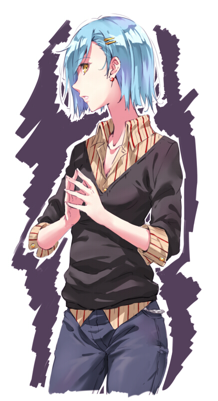 1girl black_sweater blue_hair blue_pants collared_shirt cowboy_shot cropped_legs dress_shirt earrings hair_ornament hairclip jewelry long_sleeves original pants profile shiny shiny_hair shirt short_hair solo standing striped striped_shirt sweater werkbau white_background wing_collar yellow_eyes