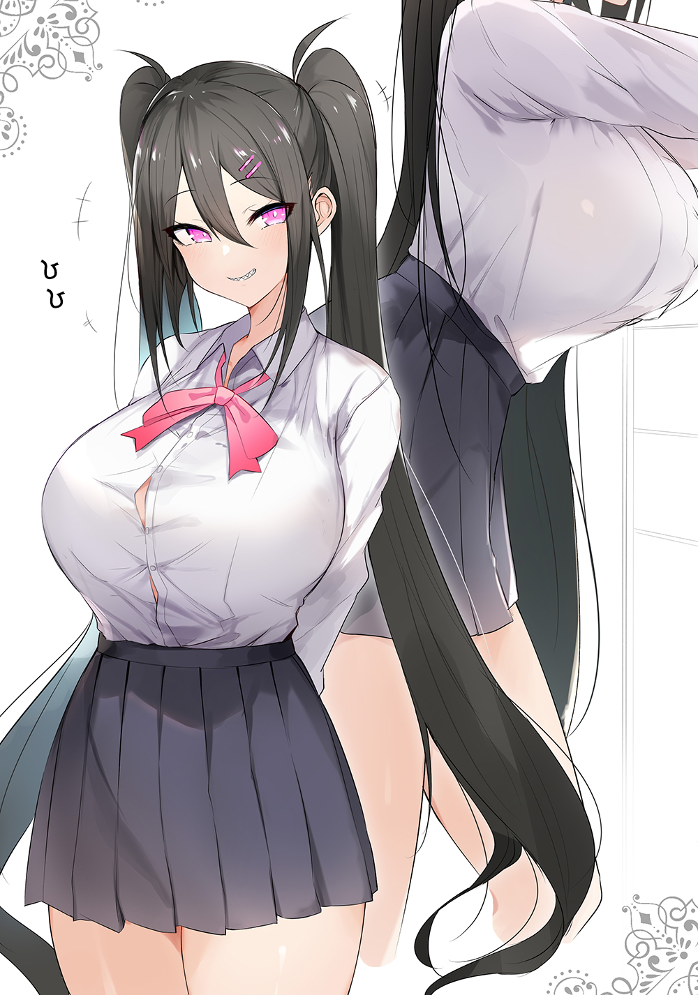 1girl black_hair blush breasts grin hair_between_eyes hair_ornament hairclip highres large_breasts long_hair luse_maonang multiple_views original pleated_skirt simple_background skirt smile twintails very_long_hair violet_eyes white_background