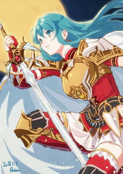 1girl 2018 bangs blue_eyes blue_hair breastplate dated earrings eirika_(fire_emblem) elbow_gloves eyebrows_visible_through_hair fingerless_gloves fire_emblem fire_emblem:_the_sacred_stones floating_hair full_moon gloves hair_between_eyes holding holding_sword holding_weapon jacket jewelry long_hair miniskirt moon parted_lips pleated_skirt red_gloves red_jacket red_legwear short_sleeves signature sketch skirt solo sword t_keima thigh-highs very_long_hair weapon white_skirt