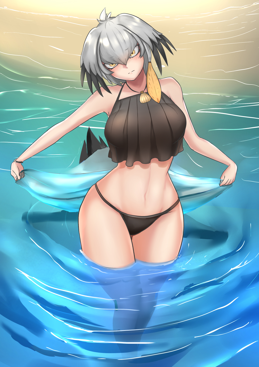 1girl bangs bare_arms bare_legs bare_shoulders beach bird_tail black_hair black_swimsuit breasts closed_mouth day eyebrows_visible_through_hair grey_hair hair_between_eyes hair_intakes head_tilt highres jewelry john_(a2556349) kemono_friends large_breasts long_hair looking_at_viewer multicolored_hair navel orange_hair outdoors partially_submerged pendant sand shell shoebill_(kemono_friends) sidelocks solo standing stomach swimsuit tail tankini water yellow_eyes