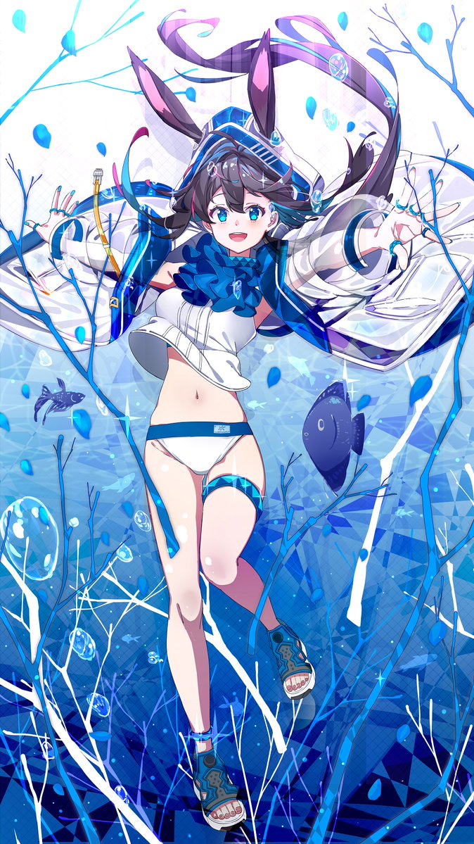 1girl air_bubble amiya_(arknights) animal_ears arknights ascot bangs bikini bikini_bottom blue_eyes blue_neckwear brown_hair bubble bunny_girl cno commentary_request eyebrows_visible_through_hair fish hair_between_eyes hood hoodie looking_at_viewer multiple_rings navel open_clothes open_hoodie open_mouth outstretched_arms petals rabbit_ears shirt sidelocks sleeveless sleeveless_shirt smile solo swimsuit thigh_strap white_hoodie white_shirt