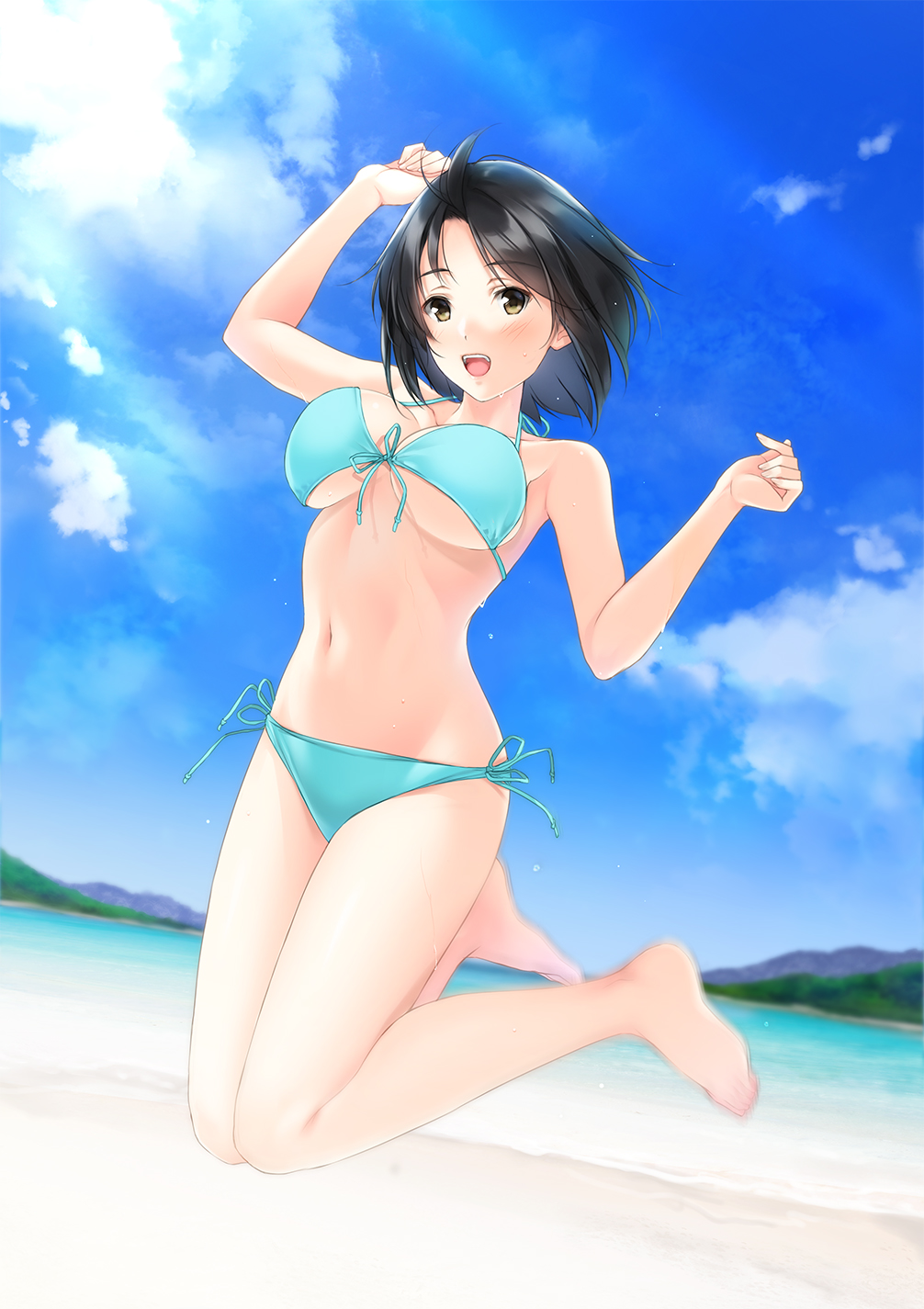 1girl :d aqua_bikini arm_up bangs barefoot beach bikini black_hair blue_sky blurry blush bouncing_breasts breasts clouds collarbone day depth_of_field dripping dutch_angle eyebrows_visible_through_hair feet feet_up front-tie_bikini front-tie_top halter_top halterneck hand_up highres jumping knees_together_feet_apart looking_at_viewer medium_breasts motion_blur mountainous_horizon navel nayuta69 ocean open_mouth original outdoors parted_bangs shiny shiny_skin side-tie_bikini sky smile solo swimsuit under_boob water_drop wet yellow_eyes