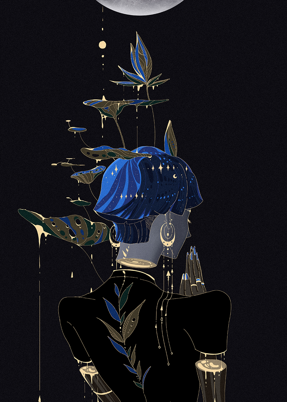 1other androgynous bangs black_background broken buddhism crack cracked crystal_hair crystal_shard earrings flower from_behind gold golden_arms hands_clasped highres houseki_no_kuni jewelry ko_ryou leaking lotus melting molten_metal own_hands_together phosphophyllite phosphophyllite_(ll) praying shards solo