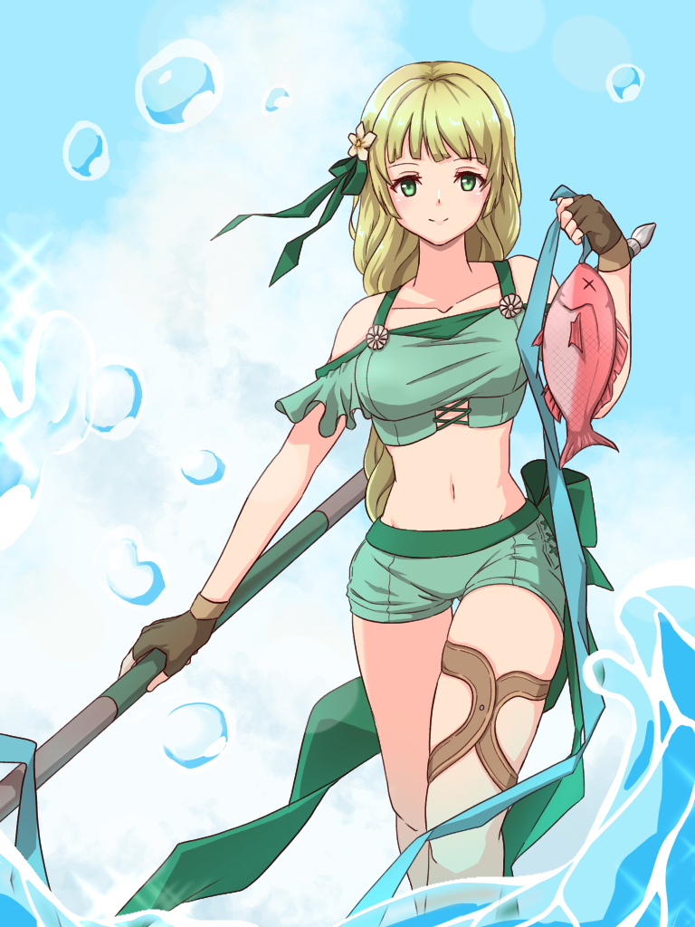 1girl bangs bare_shoulders blonde_hair blue_sky breasts clouds commentary eyebrows_visible_through_hair fire_emblem fire_emblem:_three_houses fire_emblem_heroes fish flower gloves green_eyes hair_flower hair_ornament hair_ribbon ingrid_brandl_galatea long_hair looking_at_viewer medium_breasts midriff navel off-shoulder_swimsuit off_shoulder polearm ribbon short_shorts shorts sky smile spear swimsuit tekology water weapon