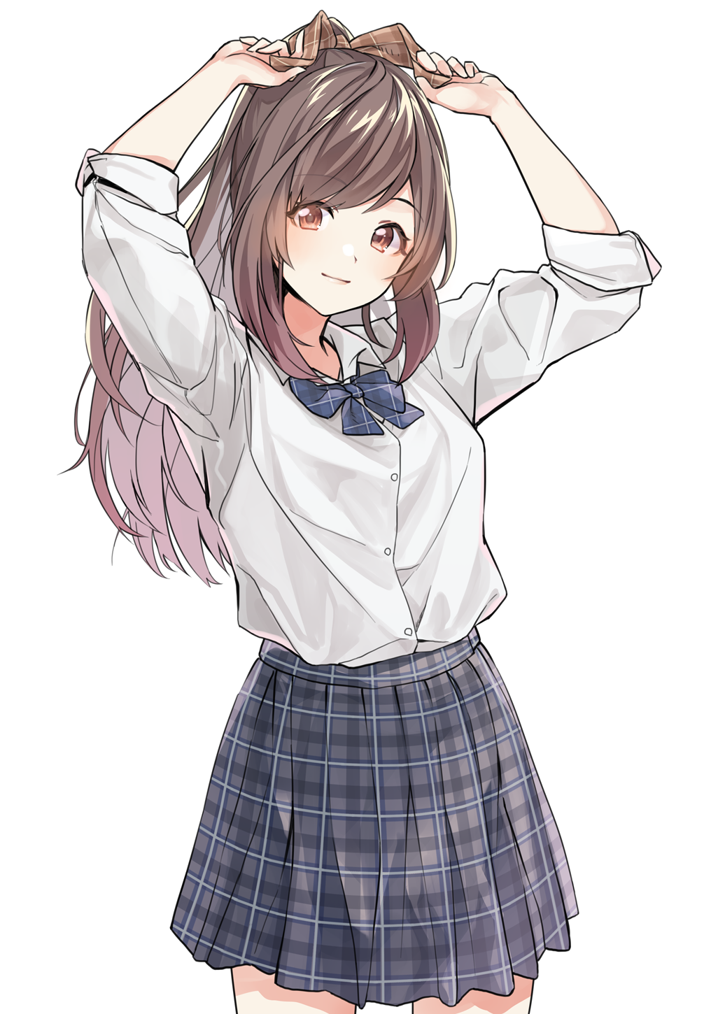 1girl bow bowtie brown_eyes brown_hair dress_shirt hair_bow hands_up highres idolmaster idolmaster_shiny_colors long_hair pekoni_(peconi) school_uniform shirt simple_background skirt sleeves_rolled_up smile solo standing tsukioka_kogane white_background