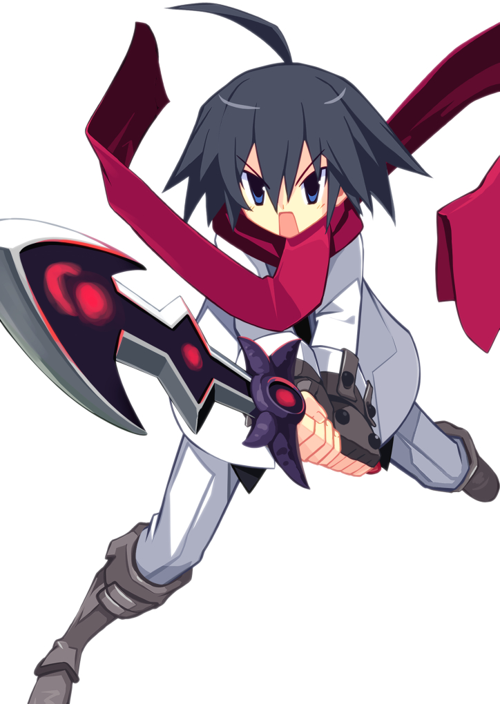 1boy ahoge almaz_von_almadine_adamant bangs black_hair blue_eyes disgaea gloves holding holding_sword holding_weapon makai_senki_disgaea_3 male_focus open_mouth red_scarf scarf sidelocks simple_background solo sword weapon white_background zuku_p