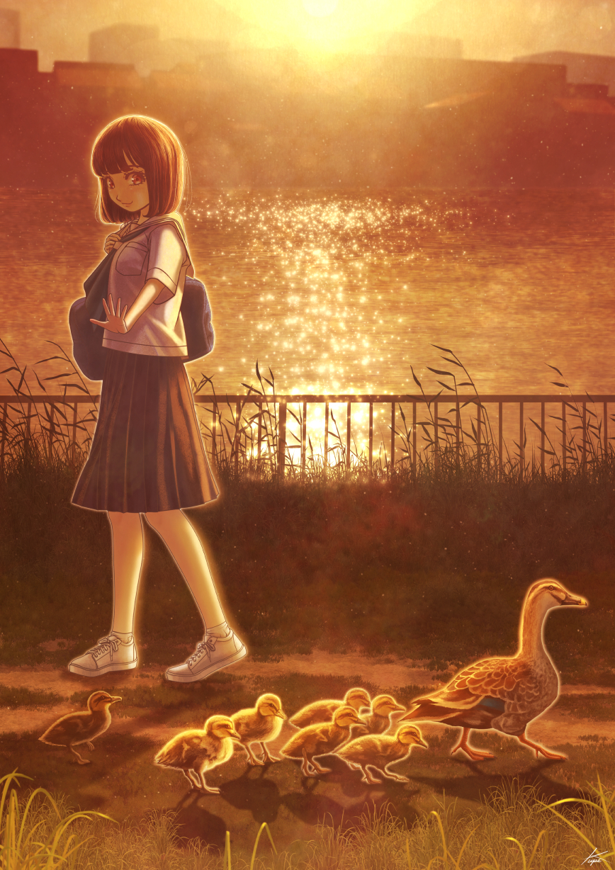 1girl bag bird black_skirt bookbag duck duckling grass highres kun52 original outdoors railing scenery school_uniform serafuku shirt shoes short_sleeves skirt sneakers solo sunset walking water white_footwear white_shirt