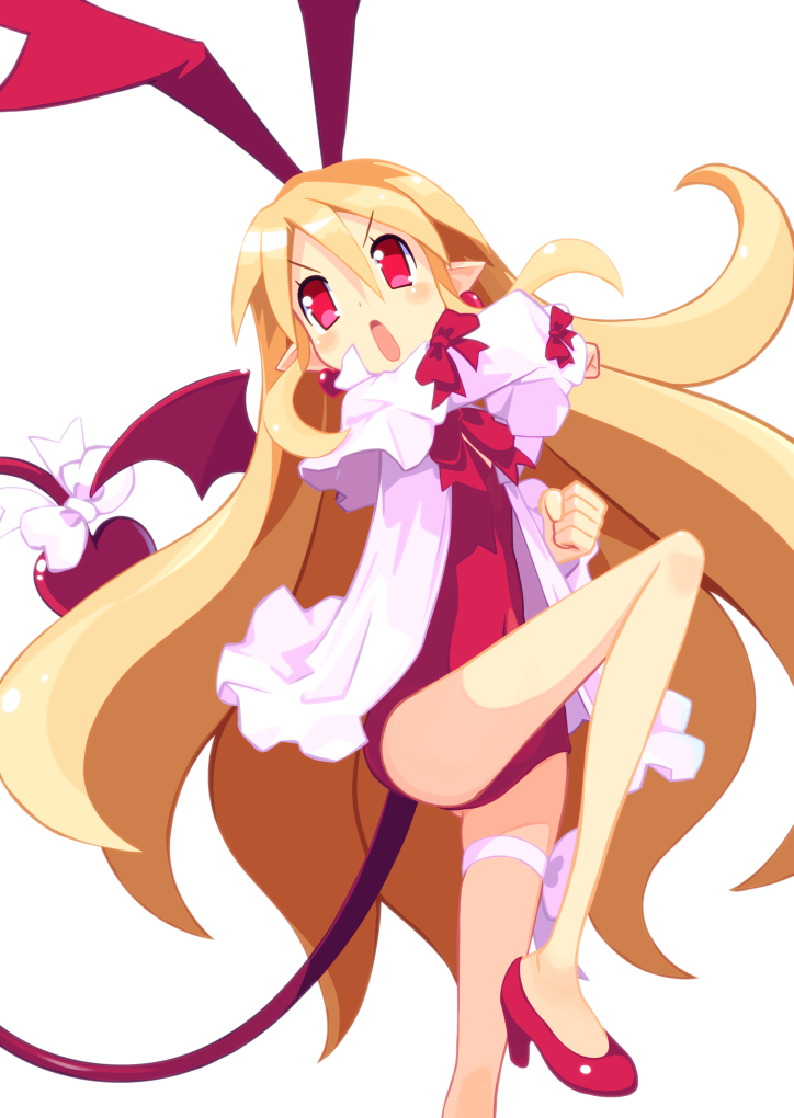 1girl blonde_hair bow breasts demon_wings disgaea flonne flonne_(fallen_angel) hairband leotard long_hair pointy_ears red_bow red_eyes red_hairband red_leotard small_breasts smile solo wings zuku_p