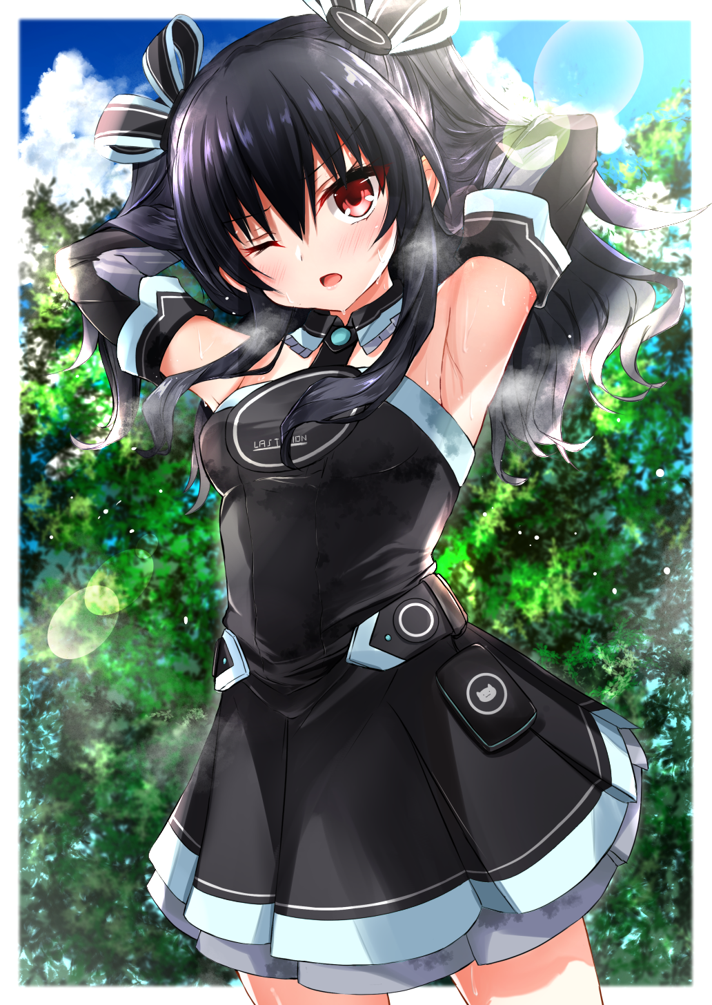 1girl armpits arms_up black_dress black_hair cowboy_shot dress elbow_gloves ex_idol gloves hair_ribbon highres hot lens_flare long_hair neptune_(series) one_eye_closed open_mouth outdoors outside_border red_eyes ribbon sky solo sweat tree two_side_up uni_(neptune_series)