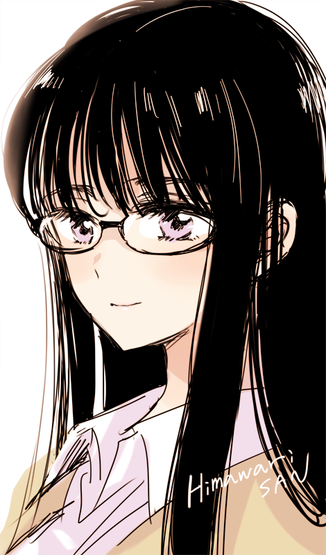 1girl bangs black-framed_eyewear black_hair brown_cardigan cardigan character_name collared_shirt commentary_request copyright_name eyebrows_visible_through_hair glasses himawari-san himawari-san_(character) long_hair portrait shirt simple_background sketch smile solo sugano_manami violet_eyes white_background white_shirt