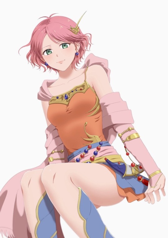 1girl bad_id bad_pixiv_id closed_mouth dress earrings final_fantasy final_fantasy_v green_eyes jewelry knife lenna_charlotte_tycoon looking_at_viewer noi_(akireinnocent) orange_shirt pink_hair shirt short_hair simple_background skirt smile solo white_background