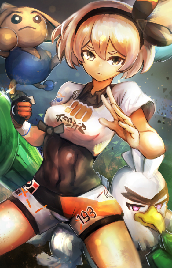 1girl bangs black_bodysuit black_hairband bodysuit bodysuit_under_clothes breasts closed_mouth collared_shirt commentary_request covered_navel dynamax_band gen_2_pokemon gen_8_pokemon gloves grey_eyes grey_hair gym_leader hair_between_eyes hairband hatano_kiyoshi hitmontop legs_apart pokemon pokemon_(creature) pokemon_(game) pokemon_swsh print_shirt print_shorts saitou_(pokemon) shirt short_hair short_sleeves shorts single_glove sirfetch'd tied_shirt