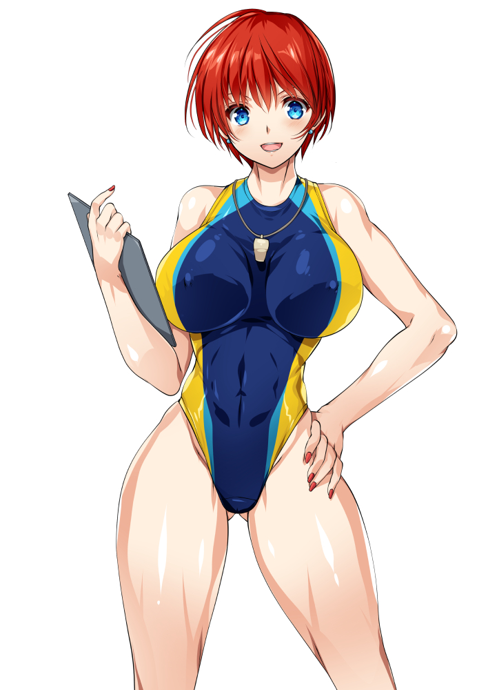 1girl ass_visible_through_thighs blue_eyes blue_swimsuit breasts commentary_request competition_swimsuit covered_nipples cowboy_shot hand_on_hip highleg highleg_swimsuit impossible_clothes impossible_swimsuit large_breasts nail_polish one-piece_swimsuit open_mouth original redhead short_hair smash_daisaku smile solo standing swimsuit whistle whistle_around_neck