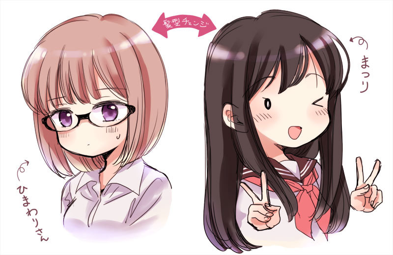 &gt;_o 2girls alternate_hairstyle arrow_(symbol) bangs black-framed_eyewear black_hair blush breasts brown_sailor_collar character_name collared_shirt commentary_request copyright_name cropped_torso double_v eyebrows_visible_through_hair glasses hairstyle_switch himawari-san himawari-san_(character) kazamatsuri_matsuri light_brown_hair long_hair looking_at_viewer medium_breasts medium_hair multiple_girls neckerchief one_eye_closed red_neckwear sailor_collar school_uniform serafuku shirt side-by-side simple_background sugano_manami translation_request v violet_eyes white_background white_shirt