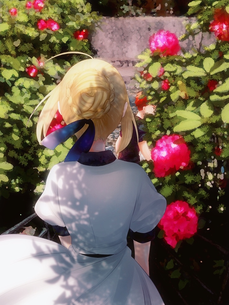 1boy 1girl ahoge artoria_pendragon_(all) black_shirt blonde_hair blue_ribbon braid braided_bun dress emiya_shirou fate/stay_night fate_(series) flower from_behind hair_ribbon orange_hair red_flower ribbon saber shirt short_hair short_sleeves sitting sundress suzuakks white_dress