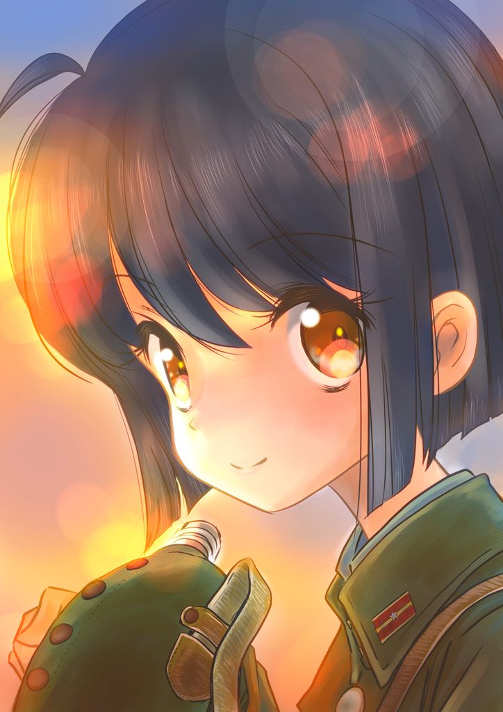 1girl ahoge black_hair blurry bokeh canteen depth_of_field eyelashes from_side hand_up happy imperial_japanese_army looking_at_viewer looking_to_the_side m_tap military military_uniform original portrait short_hair smile soldier solo sunset uniform world_war_ii