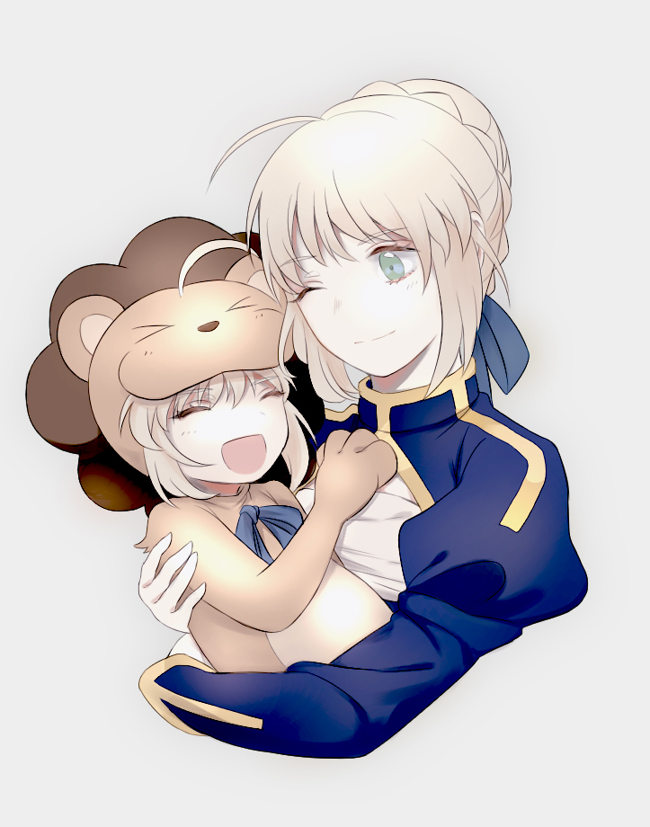 2girls :d ;) ahoge animal_costume artoria_pendragon_(all) bangs blue_ribbon braid braided_bun carrying closed_eyes closed_mouth cropped_torso eyebrows_visible_through_hair fate/stay_night fate/tiger_colosseum fate_(series) green_eyes grey_background hair_between_eyes hair_ribbon lion_costume long_sleeves multiple_girls neck_ribbon one_eye_closed open_mouth ribbon saber saber_lion short_hair shrug_(clothing) silver_hair simple_background smile suzuakks upper_body