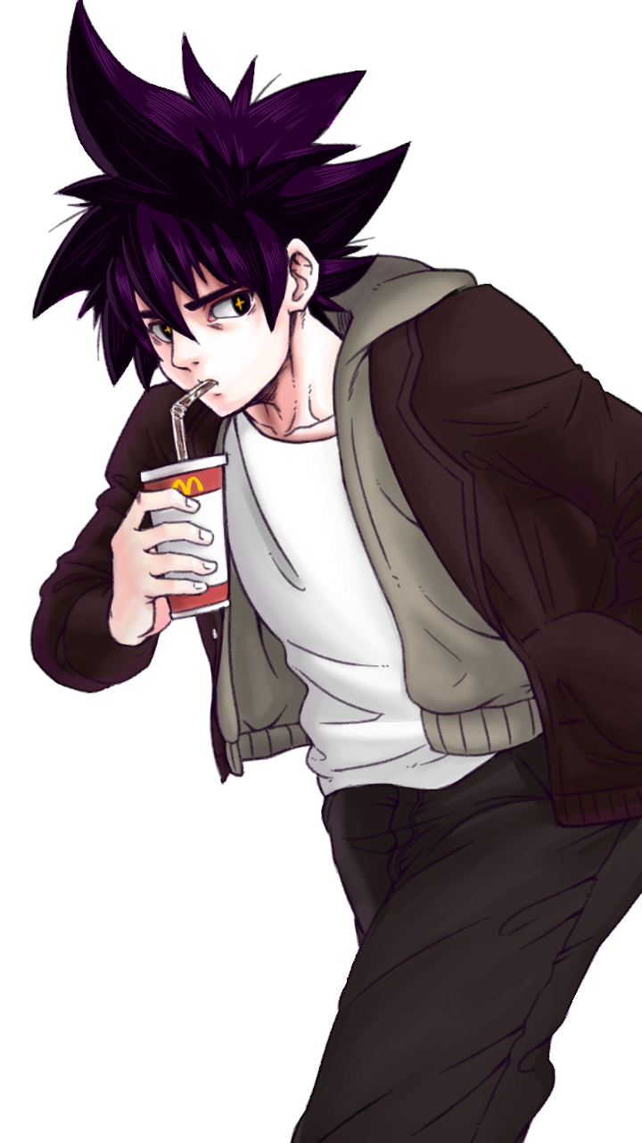 +_+ 1boy black_hair black_pants brown_jacket cup disposable_cup drinking drinking_straw hair_between_eyes hand_in_pocket highres holding holding_cup jacket jin_mori minjong0625_(hello) pants shirt simple_background solo spiky_hair standing the_god_of_high_school white_background white_shirt