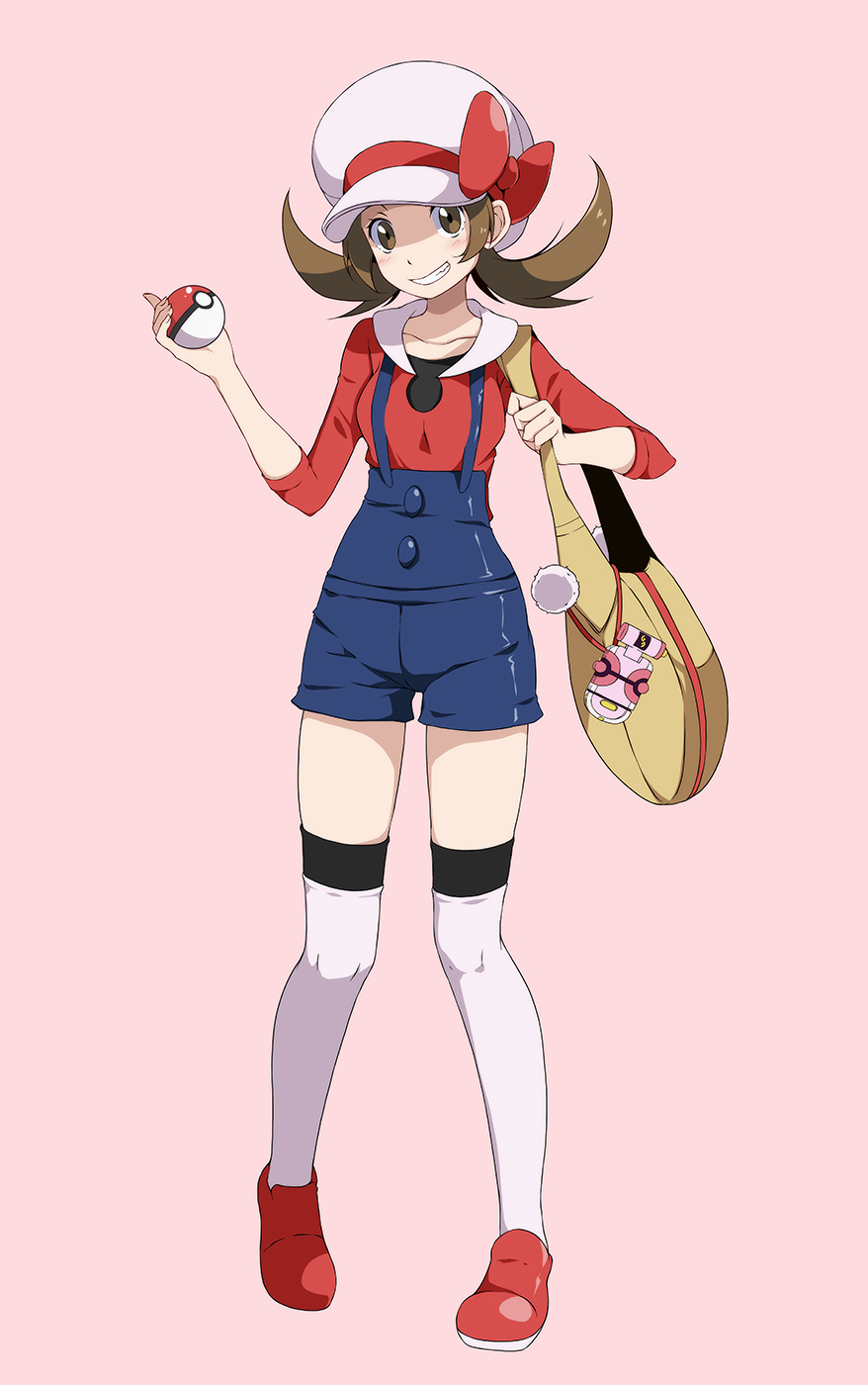 1girl bag blue_overalls blush brown_eyes brown_hair clenched_teeth collarbone commentary full_body hat highres holding holding_poke_ball kotone_(pokemon) long_hair looking_at_viewer overalls poke_ball poke_ball_(basic) pokemon pokemon_(game) pokemon_hgss red_footwear shoes smile solo teeth thigh-highs tsukishiro_saika twintails white_headwear white_legwear