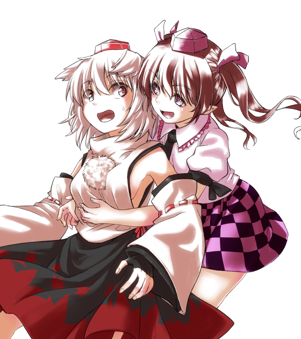 2girls animal_ears black_skirt breasts brown_hair checkered checkered_skirt commentary_request cropped_legs detached_sleeves eyebrows_visible_through_hair fingerless_gloves fingernails floating_hair frilled_shirt_collar frills gloves hair_between_eyes hair_ribbon hat himekaidou_hatate hug hug_from_behind inubashiri_momiji leaf_print leaning_back looking_at_another looking_back maple_leaf_print medium_breasts multiple_girls muted_color nibi open_mouth pom_pom_(clothes) puffy_short_sleeves puffy_sleeves purple_headwear purple_shirt purple_skirt red_eyes red_headwear red_skirt ribbon shirt short_hair short_sleeves sideboob simple_background skirt standing sweatdrop tokin_hat touhou twintails two-tone_skirt violet_eyes white_background white_hair wolf_ears