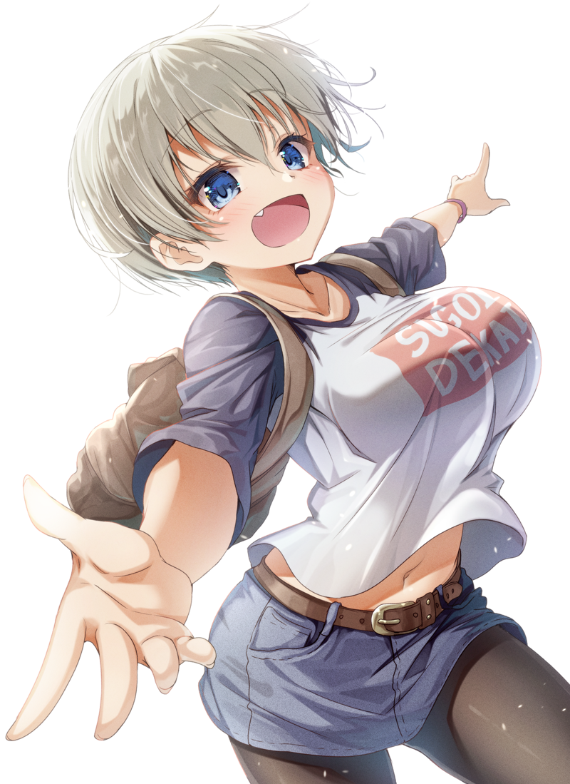 1girl belt blue_eyes blush breasts brown_backpack brown_belt clothes_writing collarbone commentary_request denim denim_skirt eyebrows_visible_through_hair fang grey_hair hair_between_eyes large_breasts long_sleeves looking_at_viewer matokechi navel open_mouth short_hair simple_background skin_fang skirt smile solo sugoi_dekai uzaki-chan_wa_asobitai! uzaki_hana white_background