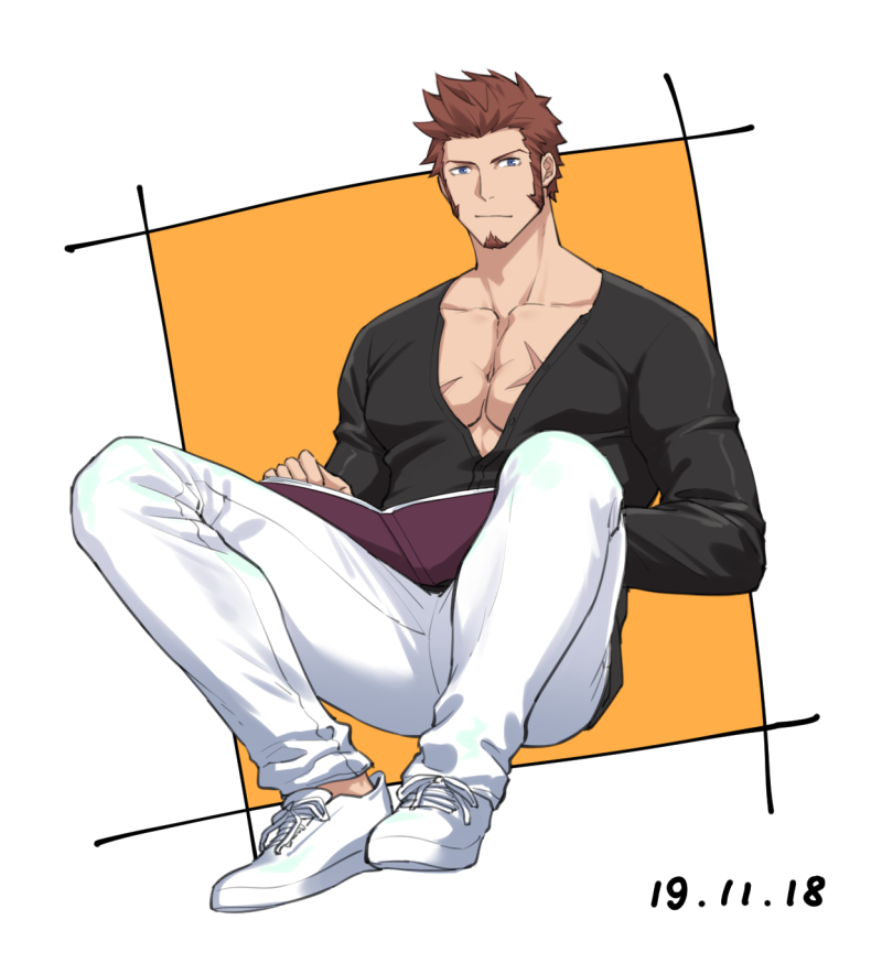 1boy 47 beard blue_eyes book brown_hair chest facial_hair fate/grand_order fate_(series) full_body holding holding_book long_sleeves looking_at_viewer male_focus muscle napoleon_bonaparte_(fate/grand_order) open_book open_clothes pants pectorals scar shoes simple_background sitting sneakers solo v-neck