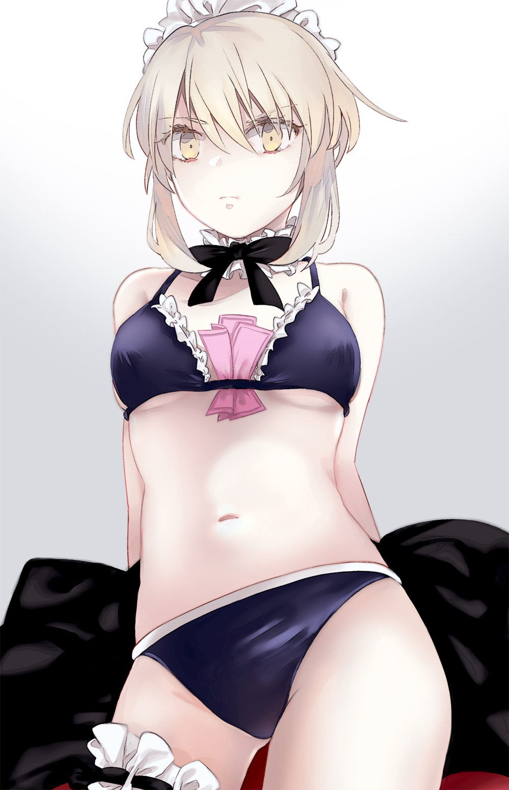 1girl arms_behind_back artoria_pendragon_(all) bangs black_ribbon blue_bra blue_panties bra breasts choker closed_mouth covered_nipples cowboy_shot eyebrows_visible_through_hair fate/stay_night fate_(series) frilled_bra frills frown hair_between_eyes highres looking_at_viewer maid_headdress navel neck_ribbon panties ribbon saber_alter short_hair_with_long_locks silver_hair small_breasts solo standing suzuakks under_boob underwear underwear_only white_background yellow_eyes