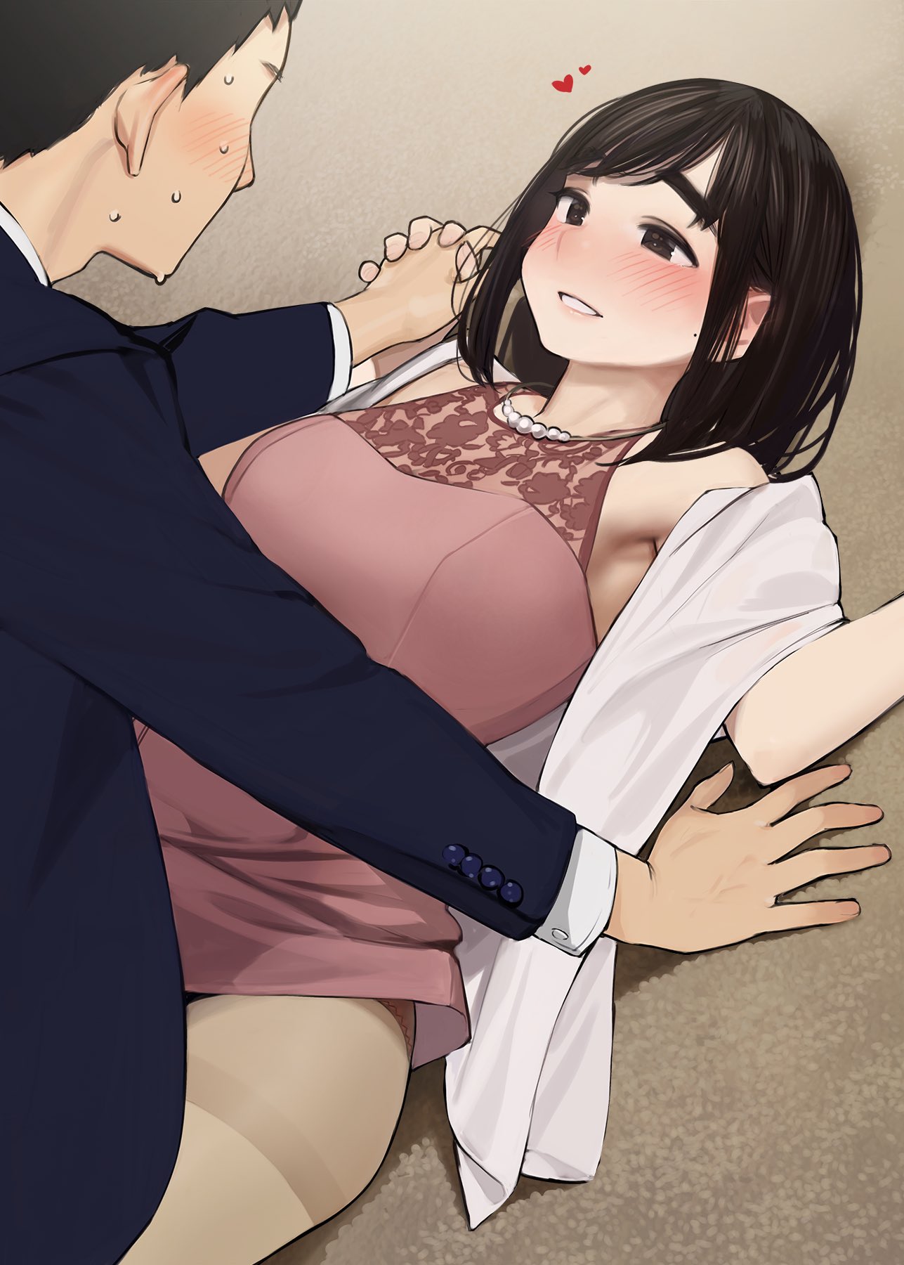 1boy 1girl black_hair blush breasts brown_eyes brown_hair dress ganbare_douki-chan hand_on_floor heart highres holding_hand jewelry large_breasts lying mole necklace office_lady's_rival_(yomu_(sgt_epper)) on_back pantyhose pearl_necklace pink_dress smile sweatdrop yomu_(sgt_epper)