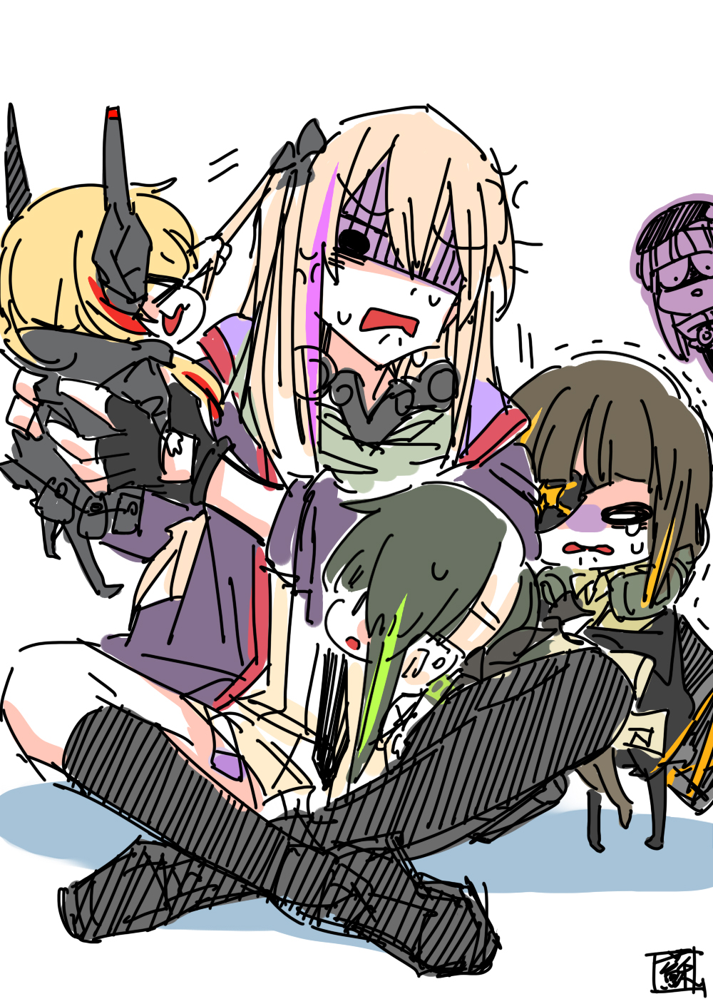 &gt;_&lt; 5girls :3 anger_vein anti-rain_(girls'_frontline) asymmetrical_legwear beret black_footwear black_gloves black_hair black_jacket black_socks black_thighhighs blonde_hair blunt_bangs blush_stickers brown_hair carrying carrying_person chibi chibi_inset chinese_commentary commentary_request eyepatch fingerless_gloves full_body girls_frontline gloves grabbing_another's_hair grey_hair hair_ornament hat headgear highres hk416_(girls'_frontline) jacket kneehighs long_hair long_sleeves m16a1_(girls'_frontline) m4_sopmod_ii_(girls'_frontline) m4a1_(girls'_frontline) multicolored_hair multiple_girls necktie o_o open_mouth peeking_out purple_hair purple_jacket redhead seal_impression shaded_face simple_background sitting socks st_ar-15_(girls'_frontline) streaked_hair su_xiao_jei tearing_up tears thigh-highs trembling uneven_legwear white_background x3 |_|