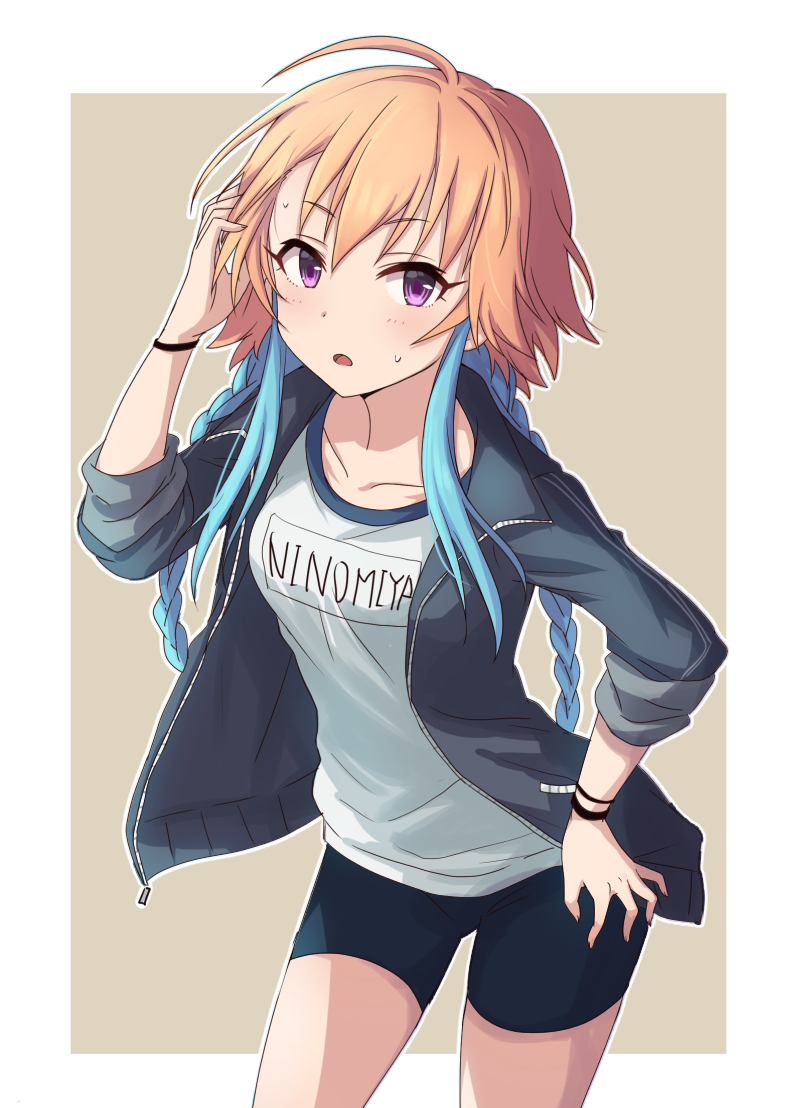 1girl 2_nostg ahoge bangs bike_shorts black_jacket black_shorts blush braid cowboy_shot hair_between_eyes hair_extensions hand_on_hip idolmaster idolmaster_cinderella_girls jacket long_hair looking_at_viewer multicolored_hair ninomiya_asuka open_clothes open_jacket open_mouth orange_hair shirt shorts solo standing sweat two-tone_hair violet_eyes white_shirt