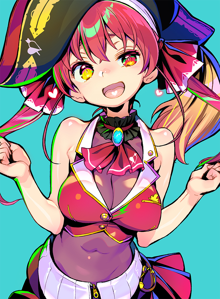 1girl aqua_background black_headwear breasts covered_navel hat heterochromia hololive houshou_marine long_hair medium_breasts navel open_mouth pirate_hat red_eyes red_neckwear red_ribbon redhead ribbon shunin simple_background sleeveless solo virtual_youtuber yellow_eyes