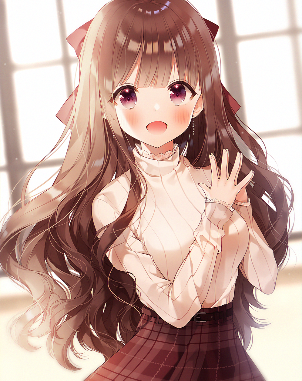 1girl bangs beige_sweater blurry blurry_background blush bow breasts brown_bow brown_hair brown_skirt commentary earrings hair_bow hair_ornament highres jewelry large_breasts long_hair looking_at_viewer open_mouth original ribbed_sweater skirt smile solo sweater violet_eyes weri