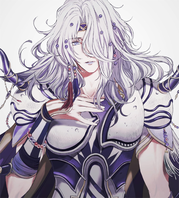 1boy amu_(nsk0) beads bishounen cecil_harvey final_fantasy final_fantasy_iv hair_beads hair_ornament hand_on_own_chest long_hair looking_at_viewer parted_lips shoulder_spikes silver_hair simple_background solo spikes upper_body violet_eyes