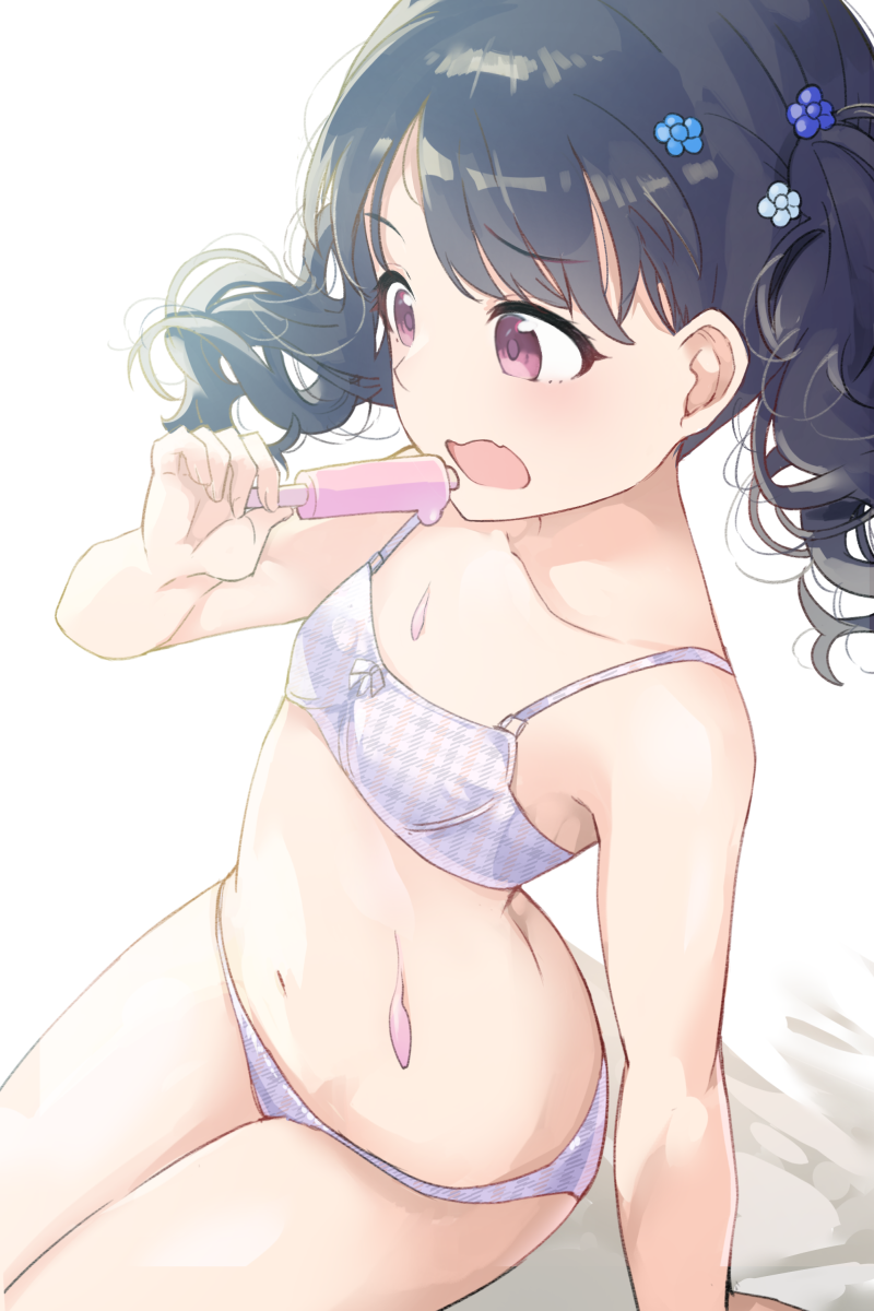 1girl bare_shoulders black_hair bow bow_bra bra breasts collarbone commentary_request flower food fukumaru_koito hair_flower hair_ornament highres hiroki_(yyqw7151) idolmaster idolmaster_shiny_colors navel panties plaid plaid_bra plaid_panties popsicle small_breasts solo spill twintails underwear underwear_only violet_eyes white_background