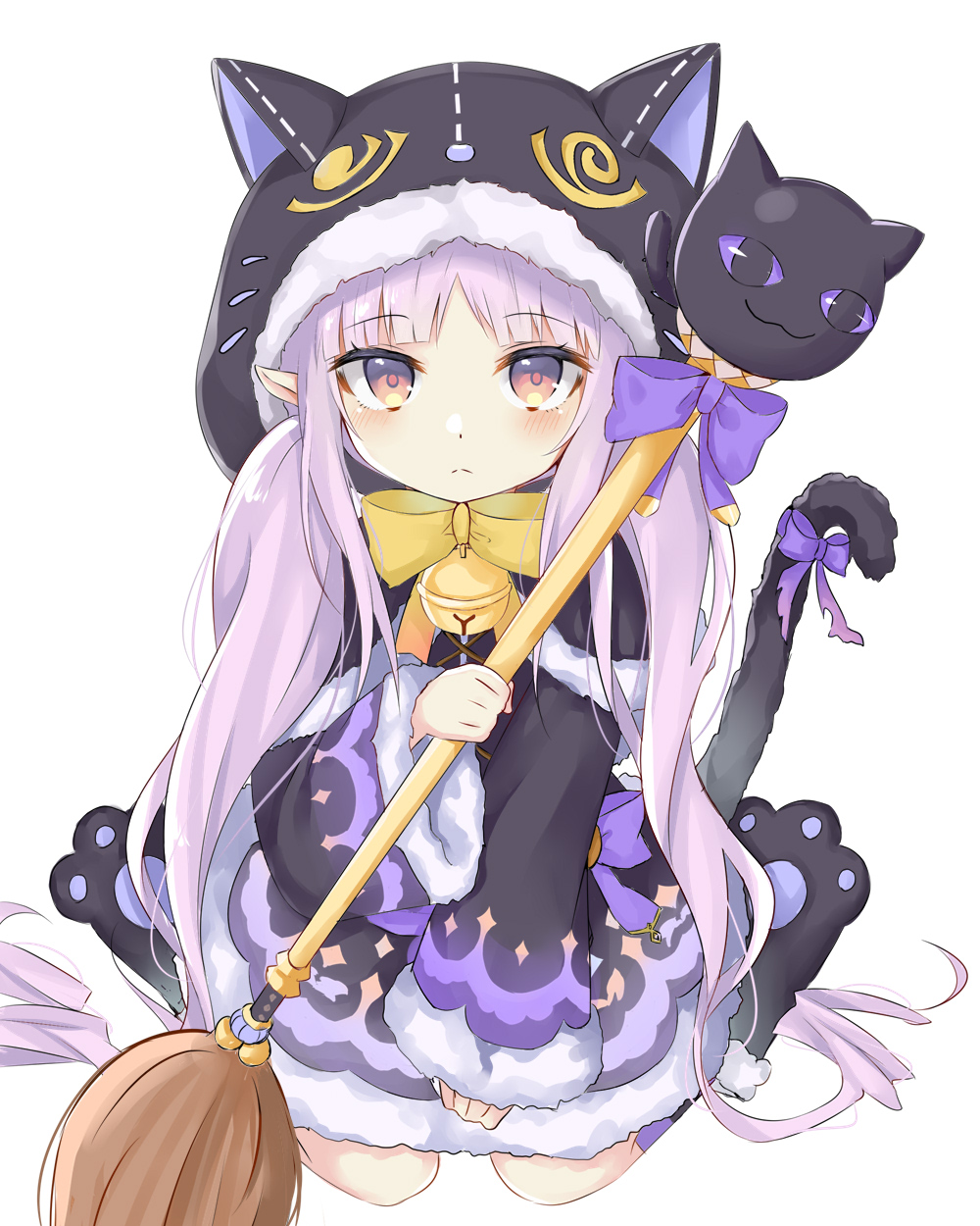 1girl animal_ears animal_hood bell black_capelet black_footwear black_jacket black_skirt blush bow capelet cat_ears cat_hood cat_tail closed_mouth fake_animal_ears full_body fur-trimmed_capelet fur-trimmed_hood fur-trimmed_skirt fur-trimmed_sleeves fur_trim highres holding holding_staff hood hood_up hooded_capelet jacket jingle_bell kyouka_(princess_connect!) long_hair long_sleeves looking_at_viewer low_twintails paw_shoes pointy_ears princess_connect! princess_connect!_re:dive purple_bow purple_hair red_eyes shoes simple_background sitting skirt sleeves_past_wrists solo staff swon_(joy200892) tail tail_bow tail_raised twintails very_long_hair wariza white_background wide_sleeves yellow_bow