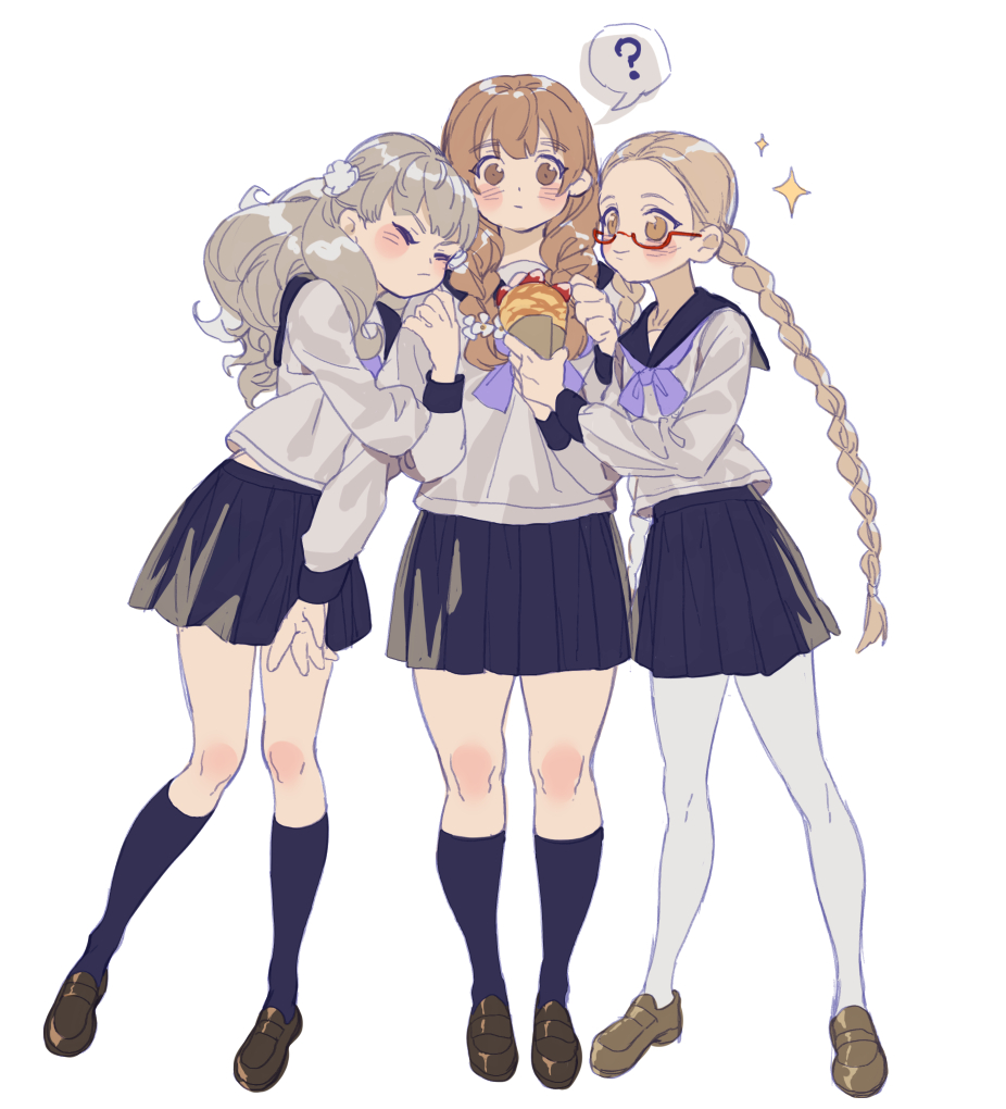 3girls ? arm_hug black_legwear black_sailor_collar black_skirt blue_neckwear blush braid brown_eyes brown_hair closed_eyes crepe favilia flower food full_body fuyusaka_iori glasses grey_hair grey_shirt hair_flower hair_ornament holding holding_food juusan_kihei_bouei_ken kisaragi_tomi loafers long_hair long_sleeves multiple_girls pantyhose pleated_skirt red-framed_eyewear sailor_collar sawatari_miwako school_uniform semi-rimless_eyewear serafuku shirt shoes simple_background skirt smile sparkle spoken_question_mark twin_braids twintails under-rim_eyewear very_long_hair white_background white_flower white_legwear