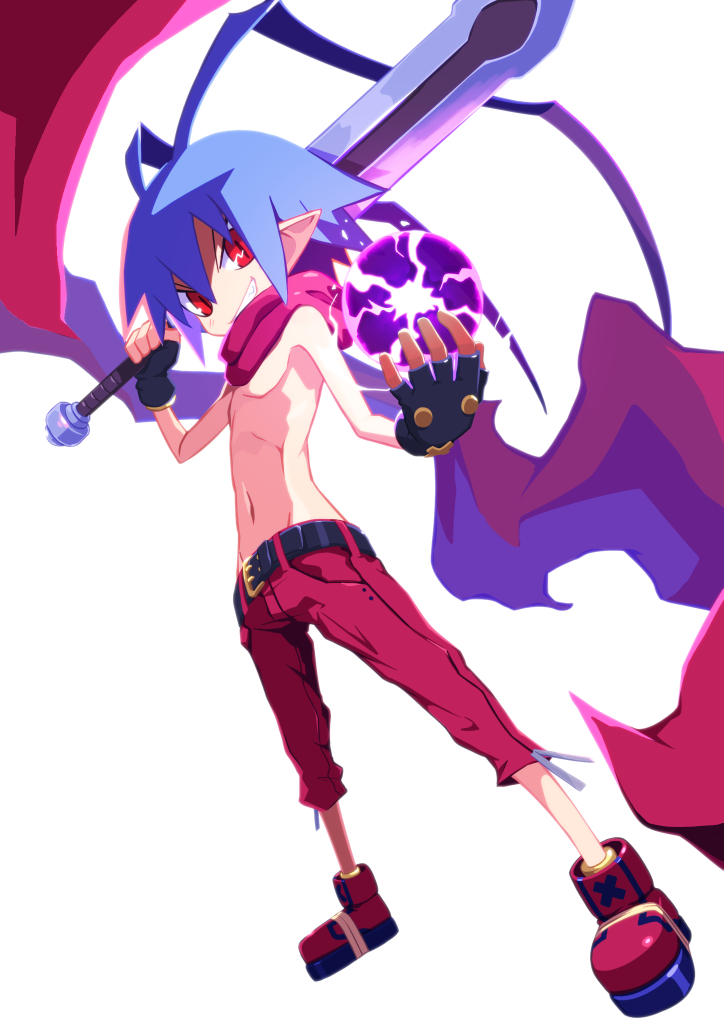 1boy blue_hair disgaea disgaea_d2 laharl looking_at_viewer male_focus navel pointy_ears red_eyes red_shorts scarf shorts simple_background smile solo white_background zuku_p