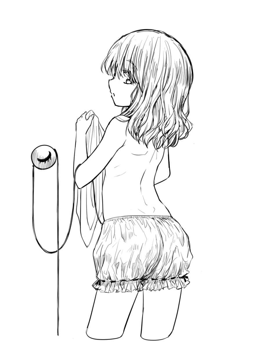 1girl ass bangs bloomers closed_eyes closed_mouth commentary_request cropped_legs eyebrows_visible_through_hair greyscale hair_between_eyes highres holding_clothes komeiji_koishi long_hair looking_at_viewer looking_back monochrome nibi profile simple_background solo third_eye topless touhou underwear underwear_only white_background