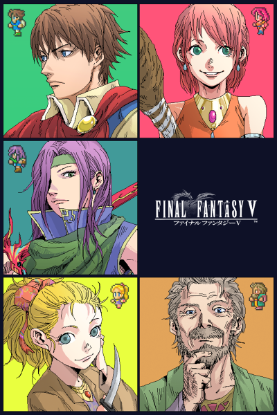 bad_id bad_pixiv_id butz_klauser closed_mouth faris_scherwiz final_fantasy final_fantasy_v galuf_halm_baldesion green_eyes hiro_(chumo) krile_mayer_baldesion lenna_charlotte_tycoon long_hair looking_at_viewer multiple_boys multiple_girls orange_shirt pink_hair pixel_art shirt simple_background